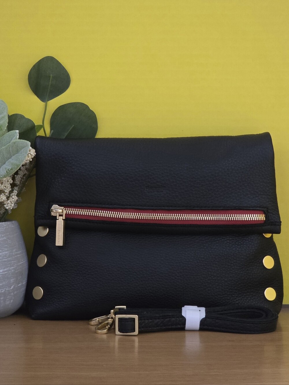 Hammutt Black Leather MD Vip Crossbody Clutch with Gold Hardware